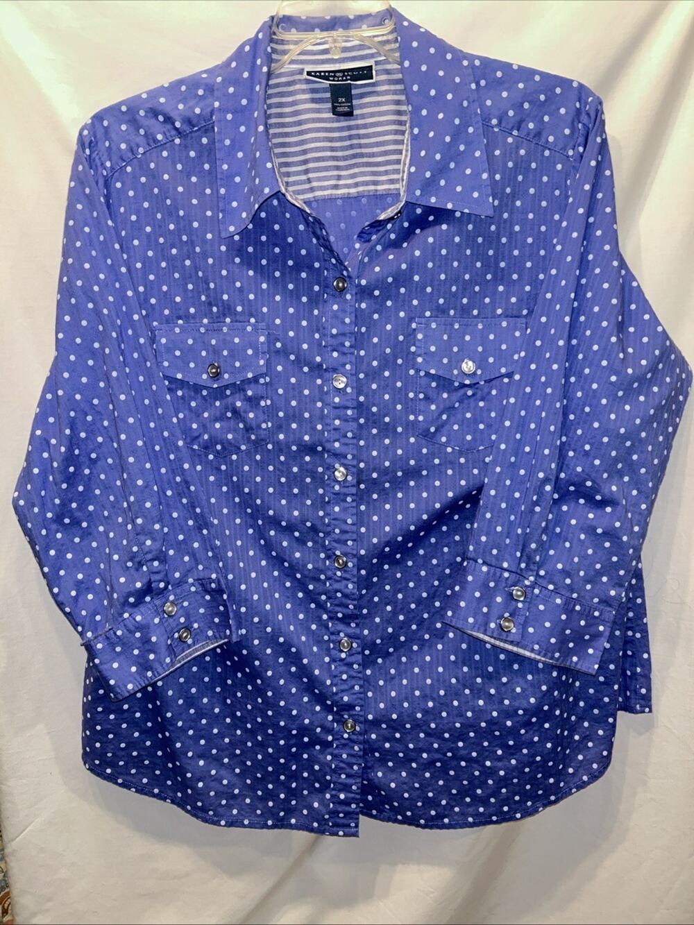 Karen Scott Woman 2x Polka Dot Shirt Periwinkle Blue 3/4 Sleeve Career Preppy